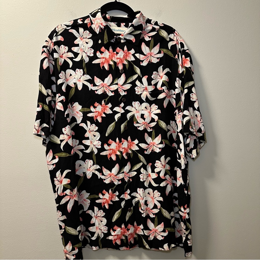 Caribbean Means Black/Pink Tropical Floral Short Sleeve Button Shirt Sz XL